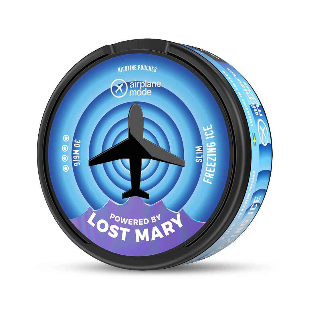 Airplane Mode Nic Pouches tin featuring black airplane silhouette on blue circular design with Lost Mary branding
