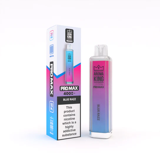 Aroma King Crystal Pro Max 4000+ disposable vape device with blue-pink gradient design shown with retail packaging